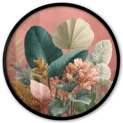 Poster in lijst Rond - Fotolijst 40x40 cm - Posters - Tropische bladeren - Bloemen - Roze - groen - Ronde posterlijst zwart - Decoratie - Wanddecoratie woonkamer - Muurdecoratie slaapkamer