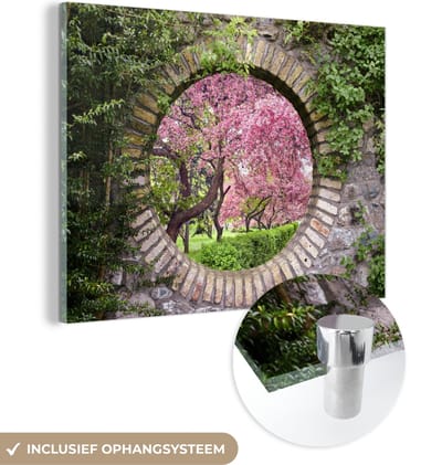 MuchoWow® Glasschilderij 120x90 cm - Schilderij acrylglas - Doorkijk - Sakura - Bloesem - Japans - Foto op glas - Schilderijen