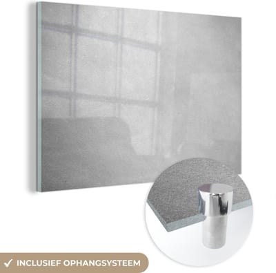 MuchoWow® Glasschilderij 60x40 cm - Schilderij acrylglas - Leer - Structuur - Lederlook - Grijs - Foto op glas - Schilderijen