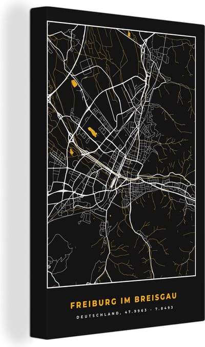 Canvas Schilderij Duitsland - Freiburg Im Breisgau - Goud - Stadskaart - Plattegrond - Kaart - 20x30 cm - Wanddecoratie