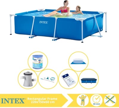 Intex Rechthoekig Frame Zwembad - 220 x 150 x 60 cm - Blauw - Inclusief Afdekzeil - Zwembadfilterpomp - Filter - Grondzeil - Schoonmaakset - Zoutwatersysteem - Zwembadzout - 8-delig