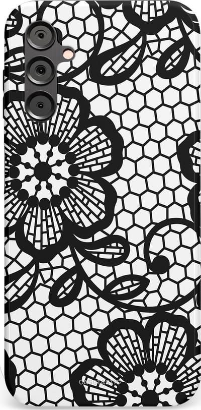 Casetastic Hoesje Geschikt voor Samsung A14 (5G/4G) - Stijlvolle Beschermende Duo-layer Case - Zwart Bloemenpatroon