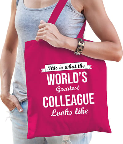 Worlds greatest COLLEAGUE cadeau tasje roze voor dames - verjaardag / kado tas / katoenen shopper voor een collega / co worker