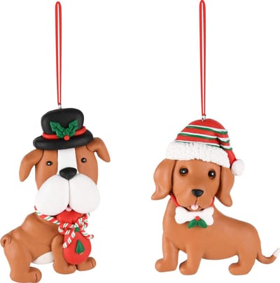 Dekoratief | Hanger hondje m/muts/hoed, klei, 10x3x8cm, set van 2 stuks | A245297