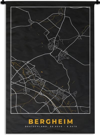 Wandkleed - Wanddoek - Duitsland – Black and Gold – Bergheim – Stadskaart – Kaart – Plattegrond - 120x180 cm - Wandtapijt