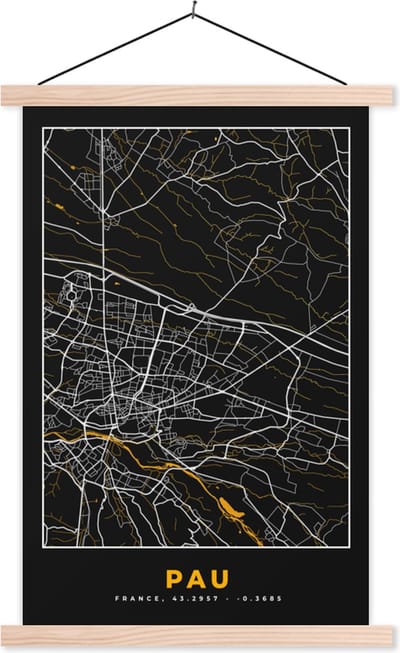 Posterhanger incl. Poster 40x60 cm - Schoolplaat - Stadskaart - Plattegrond - Frankrijk - Kaart - Pau - Textielposter - Blanke latten - Stadskaart
