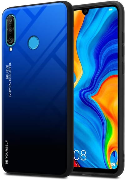 Cadorabo Hoesje geschikt voor Huawei P30 LITE in BLAUW - ZWART - Tweekleurige beschermhoes van TPU-silicone Case Cover en achterzijde van gehard glas