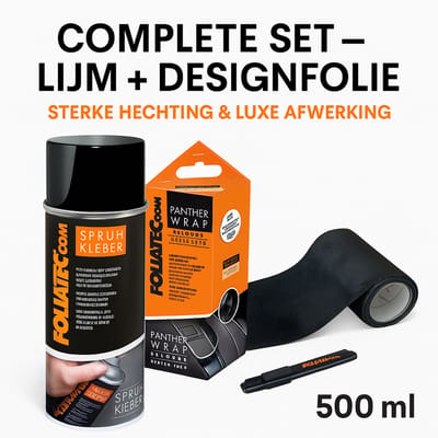 Foliatec Spuitlijm + Panther Wrap Designfolie Zwart 15x140cm – Spuitlijm & Interieurfolie Set – Sterke Hechting – Auto Interieur & Styling