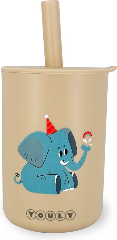 Youly® Rietjesbeker Olifant - Drinkbeker Kinderen - Kinderservies - Baby Cadeau - Siliconen Beker - Velige Drinkbeker - Crème- 160 ml