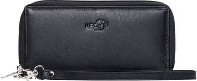 LeonDesign - Zwarte portemonnee Dames - Luxe zwart leer - Ruimte voor 25 pasjes - Clutch dames met dubbele rits & afneembare polsband