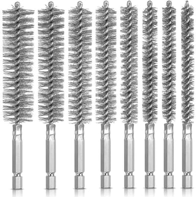 Set van 8 RVS Draadborstels in Diverse Maten met Handvat en 1/4 Inch Hex Shank voor Boormachine en Slagschroevendraaier