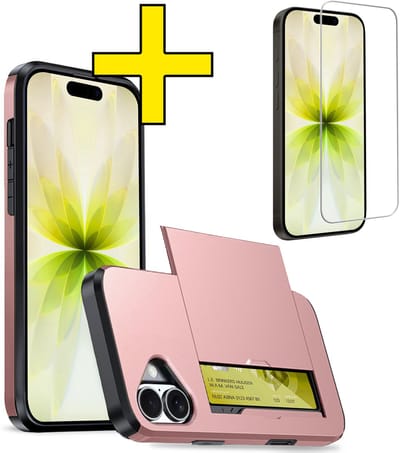 Hoesje Geschikt voor iPhone 17 Hoesje Case Pashouder Hard Cover Met Screenprotector - Hoes Geschikt voor iPhone 17 Hoesje Met Kaarthouder - Rosé goud