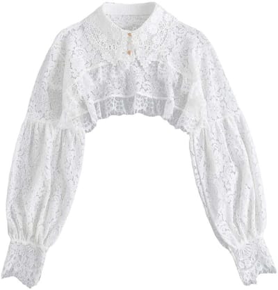 Dailygoods - Afneembare Dickey Blouse Nep Kraag Lange Lantaarn Mouw Zonbescherming Kant Half Shirt Blouse Valse Kraag Crop Top
