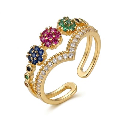 Goudkleurige ring dames aanschuifring open ring dubbele laag V vorm bloemen design veelkleurige steentjes verstelbare ring minimalistische sieraden