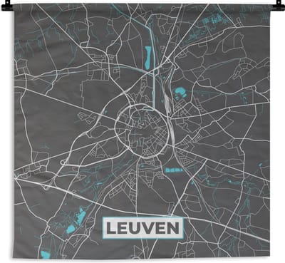 Wandkleed - Wanddoek - België – Leuven – Stadskaart – Kaart – Blauw – Plattegrond - 180x180 cm - Wandtapijt