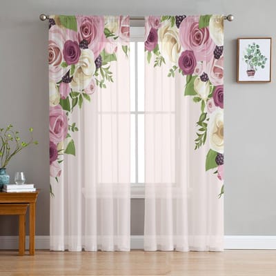 Roze Roos Bloem Waterverf Tule Gordijnen voor Woonkamer Slaapkamer Decoratie Chiffon Transparant Voile Keuken Raamgordijn 1 PCS W100XH250cm&Rod Pocket