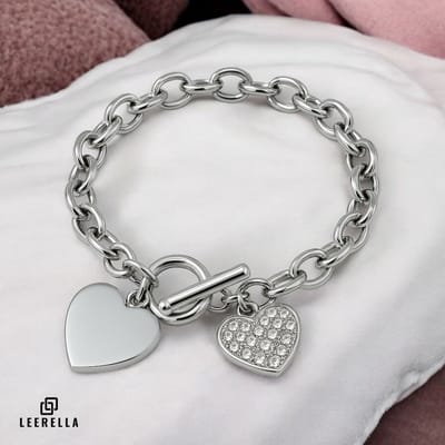 Leerella Dames Schakelarmband Zilverkleur met Hartvormige Hanger & Zirkonia RVS 18cm – Perfect Cadeau voor Moederdag, Valentijnsdag of Verjaardag