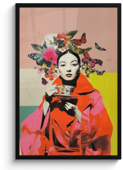 Poster in lijst - Fotolijst 60x90 cm - Posters - Retro - Vrouw - Kopje - Vlinders - Posterlijst zwart - Decoratie - Wanddecoratie woonkamer - Muurdecoratie slaapkamer