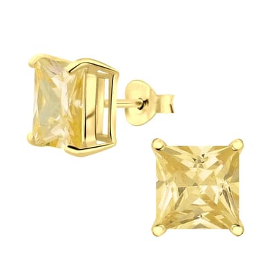 Joy|S - Zilveren vierkant oorbellen - 8 mm - zirkonia champagne geel - gold plated