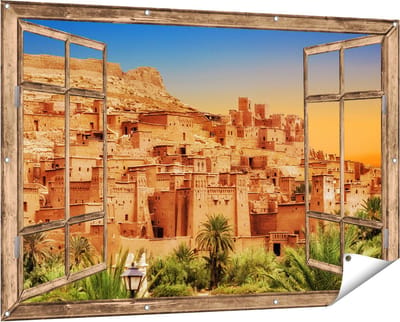 Gards Tuinposter Doorkijk Kasbah Ait Ben Haddou Stad in Marokko - 150x100 cm - Tuindoek - Tuindecoratie - Wanddecoratie buiten - Tuinschilderij