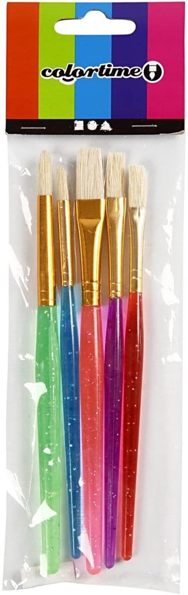 Kwasten voor Kinderen, afm 8+12+18, L: 14-16 cm, B: 5-10 mm, plat,rond, diverse kleuren, 5 stuk