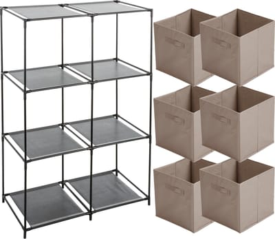 5Five Kastmandjes/opberg manden - beige - 6x stuks van 29L - Metalen rekje is 68 x 98 cm