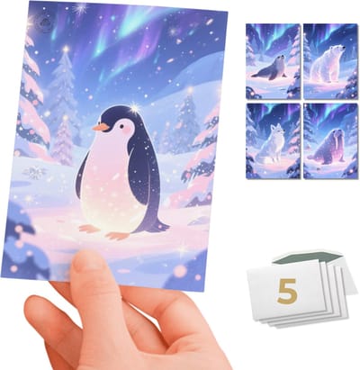 Inspra Studio – Luxe Kerstkaarten met Enveloppen – 5 Stuks – Pinguïn, IJsbeer, Zeehond, Walrus & Poolvos Wenskaarten – Magische Dieren Illustraties