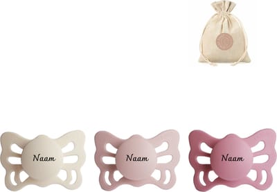Frigg butterfly spenen siliconen anatomisch met naam T1 (0-6 maanden) + speenzakje - Cream, Blush en Cedar - fopspenen