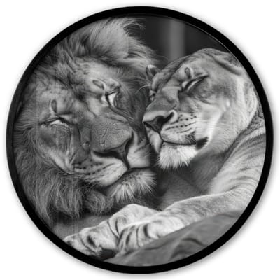 Poster in lijst Rond - Fotolijst 40x40 cm - Posters - Leeuwen - Dieren - Zwart - Wit - Leeuw - Ronde posterlijst zwart - Decoratie - Wanddecoratie woonkamer - Muurdecoratie slaapkamer