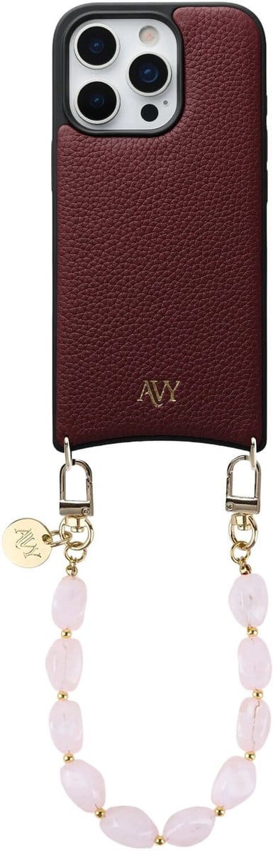 AVY Leren Hoesje Geschikt voor Apple iPhone 16 Pro | Compatibel met MagSafe | Leather Case met Telefoonkoord | Polsbandje | Burgundy | Rocher Pink