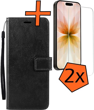 Hoes - Met 2x Screenprotector - Geschikt voor Apple iPhone 17 - Luxe Pasjeshouder - Bookcase Portemonee - Flip Case - Kunstleer Book Case - Flipcase Hoes - Book Cover - Walletcase - PortemonneeHoes - Zwart