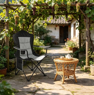 MIVRAY Campingstoel 84 x 110 x 62 cm - Opvouwbare Strandstoel Met Bekerhouder En Opbergvak - Voor Camping En Tuin - Zwart Donkergrijs