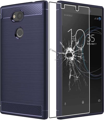ebestStar - Hoes geschikt voor Sony Xperia L2, L2 Dual (2018), TPU Bescherming Cover, Koolstof Design Hoesje, Donkerblauw + Gehard Glas