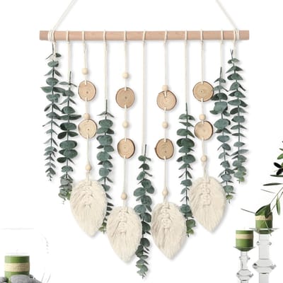 Famanu – Kunstmatige eucalyptus wanddecoratie, houten stok, boho muurdecor, slaapkamer, badkamer, woonkamer, duurzaam, stijlvol, decoratie