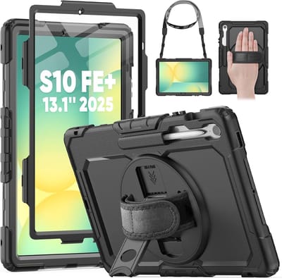 Hoes met ingebouwde Screenprotector Geschikt voor Samsung Galaxy Tab S10 FE+ Plus Tablet Case 13.1 inch hoes Extreme Armor met screenprotector, Schouderiem, Handriem en Pencilhouder hoes - voor Horeca en Bouw - Zwart