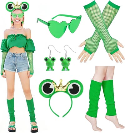 Vijfdelige Kikker Kostuum Set voor Volwassenen met Haarband, Oorbellen, Zonnebril en Handschoenen voor Carnavalsfeest en Themafeesten