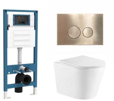 QeramiQ Dely Toiletset - inbouwreservoir Qeramiq Flush - slim zitting - metaal messing geborstelde bedieningsplaat - ronde knoppen - mat wit