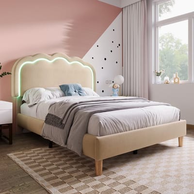 Wishdor Gestoffeerd Eenpersoonsbed 90x190 cm – Puff-vorm LED Hoofdbord – Muziekmodus – Verstelbaar Hoofdbord – Linnen – Beige