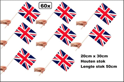 60x Luxe Zwaaivlaggetjes op stok Union Jack 20cm x 30cm - lengte stok 50cm - Zwaai vlaggetjes Great Britain thema feest voetbal festival uitdeel