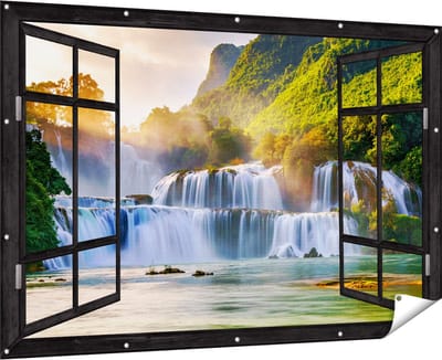 Gards Tuinposter Doorkijk Watervallen tussen de Bomen - 180x120 cm - Tuindoek - Tuindecoratie - Wanddecoratie buiten - Tuinschilderij