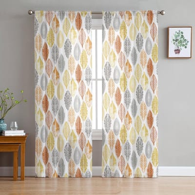 Grijze Gele Oranje Blad Transparante Gordijnen Voor Woonkamer Slaapkamer Huisdecoratie Keuken Tule Voor Ramen Voile Gordijnen 135W x 114H(cm) white
