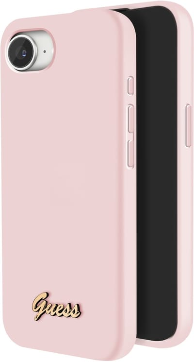 GUESS, MagSafe-hoesje Geschikt voor Apple iPhone 16e Silicone Soft touch Gouden metalen logo, Lichtroze