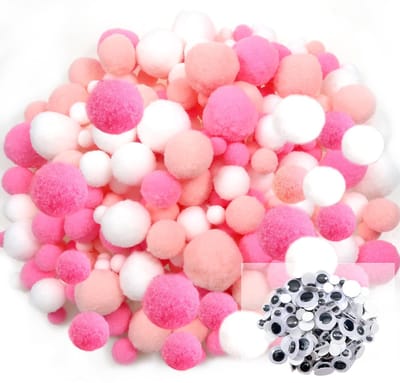 300 stuks Pompons 10 tot 30 mm Roze Serie Zeer Elastische Pompoms Ballen Pluizige Pompons en 100 stuks Wiebelogen voor DIY Ambachten Decoraties Projecten