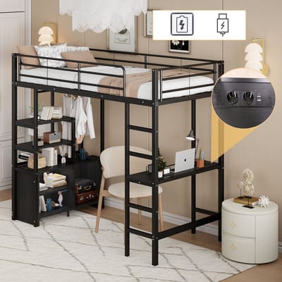 Sweiko Hoogslaper 90*200cm , Bureau, USB-poort, Opbergkast, Zonder matras, Zwart