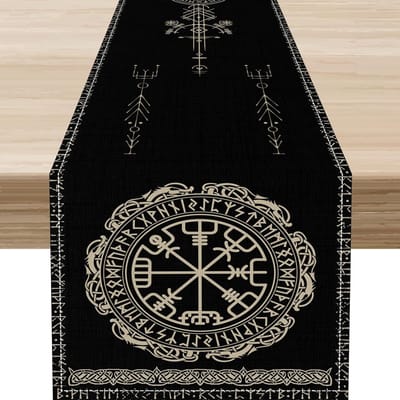 Noorse Viking Raaf Print Linnen Tafelkleed Feestdecoratie Mythologie Levensboom Dierlijke Tafelkleed Keukentafel Decor 150x33cm beige
