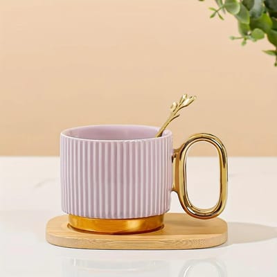 1set 220ml Eenvoudige Huishoudelijke Keramische Kop met Lepel Schotel Set Gouden Handvat Luxe Kantoor Hittebestendigheid Mok Cadeaus 220ml