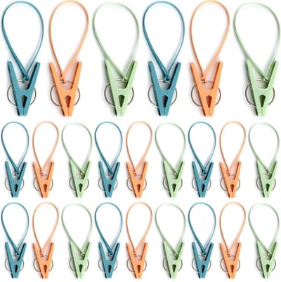 24 Stuks Plastic Wasknijpers - Kunststof Wasknijpers - Inclusief Ophangkoord - 360° Rotatie - Kleding Ophangen - Ook Te Gebruiken Als Kledinghangers met Clips, Zaksluiters, Fotoknijpers en Knutselclips - Oranje, Groen, Blauw