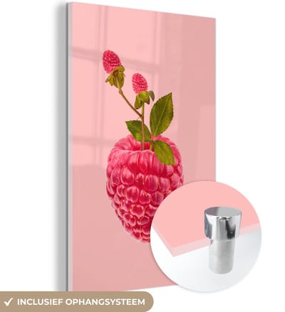 MuchoWow® Glasschilderij 40x60 cm - Schilderij acrylglas - Stilleven - Framboos - Fruit - Foto op glas - Schilderijen