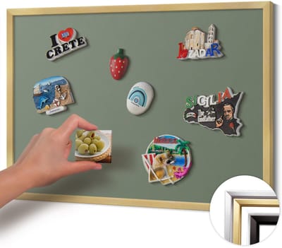 Wallfluent - Olijf Magneetbord in Stijlvolle Kleuren - 60 cm x 40 cm - Magneetbord met Gouden Frame - Olijfkleur - Magnetisch Bord Decoratief - Magneetbord Voor Thuiskantoor - Magneetbord Multifunctioneel