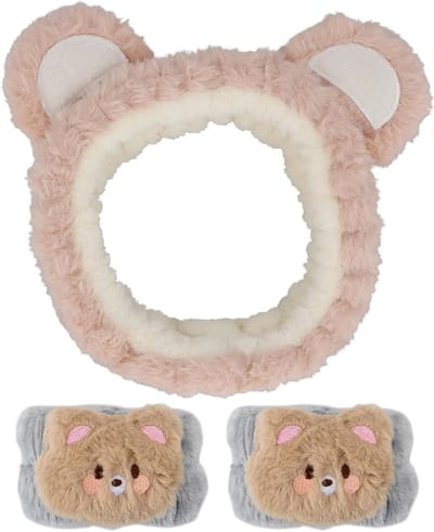Set van 3 Elastische Hoofdbanden voor Gezichtsreiniging en Make-up, Schattige Berenoren, Ideaal voor Douche en Schoonheidsbehandelingen